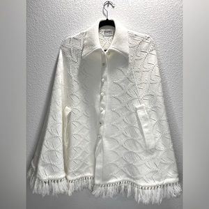 Cuddle Knit White Crocheted Collard, Button, W/pockets And Fringes One Size..